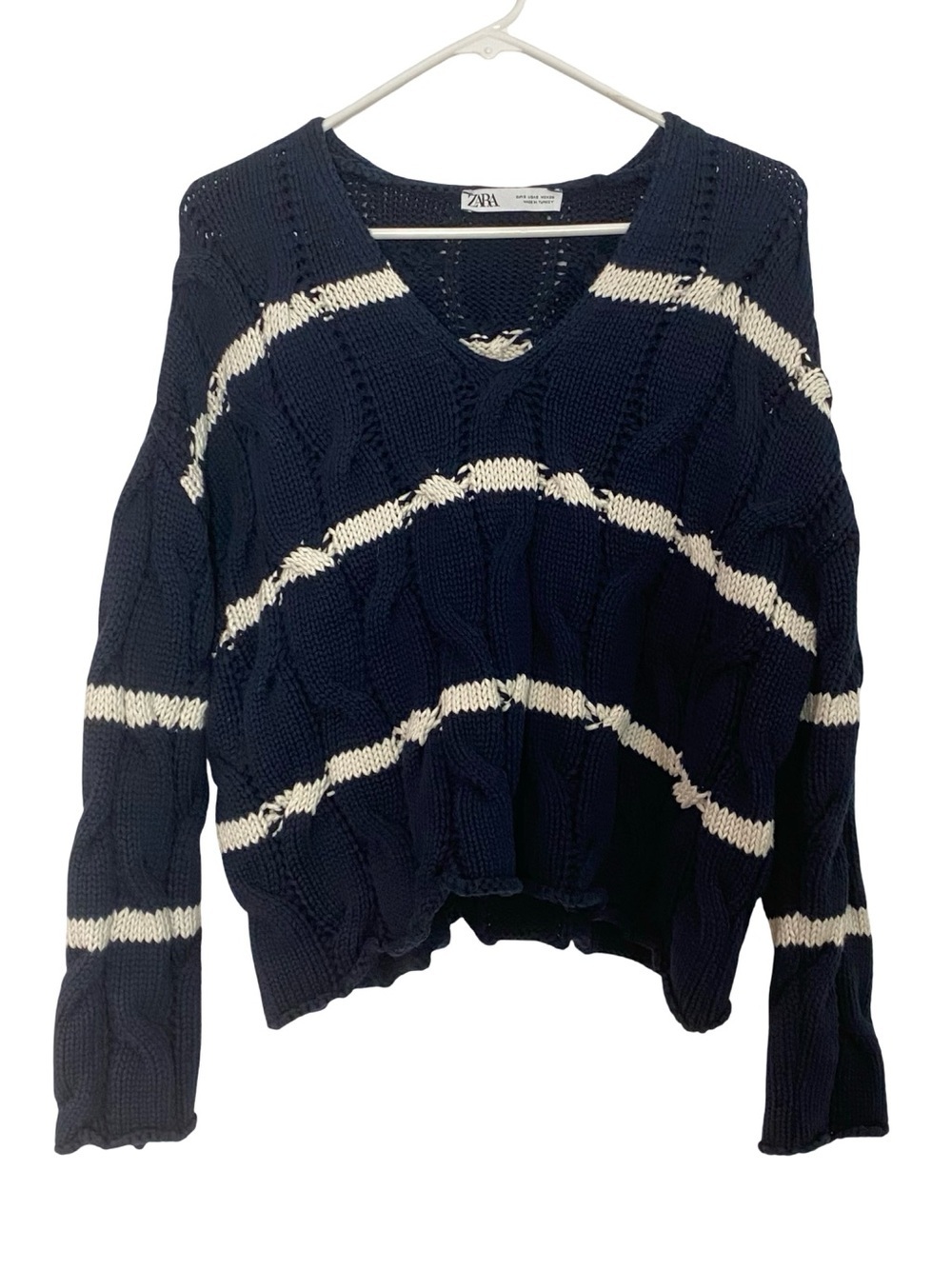 Zara Nautical Sweater Womens Size Small Oversized Striped Navy Blue Chunky